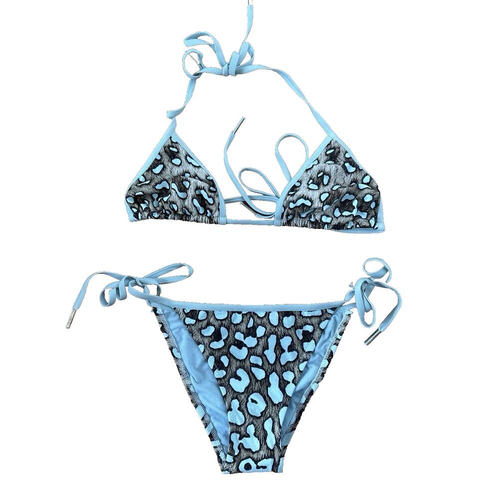 Roberto Cavalli Beachwear Leopard Bikini Set Blue Trim Azzurro Sz 38 IT/XXS NEW - Picture 2 of 11